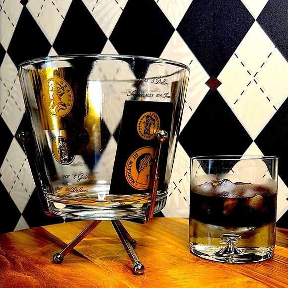 Vintage MCM Cera Glass Ice Bucket with Stand– Gold/Black Coin Design - Picture 4 of 17